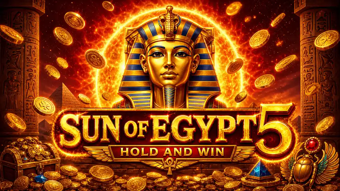 Sun of Egypt 5 slot o'yin avtomati ekrani — 5x3 to'r va Misr mavzusi